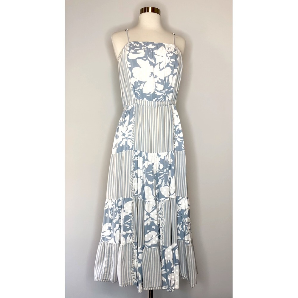 SPLENDID Misty Patchwork Midi Dress Size XL‎ Blue Cream Floral Adjustable Straps